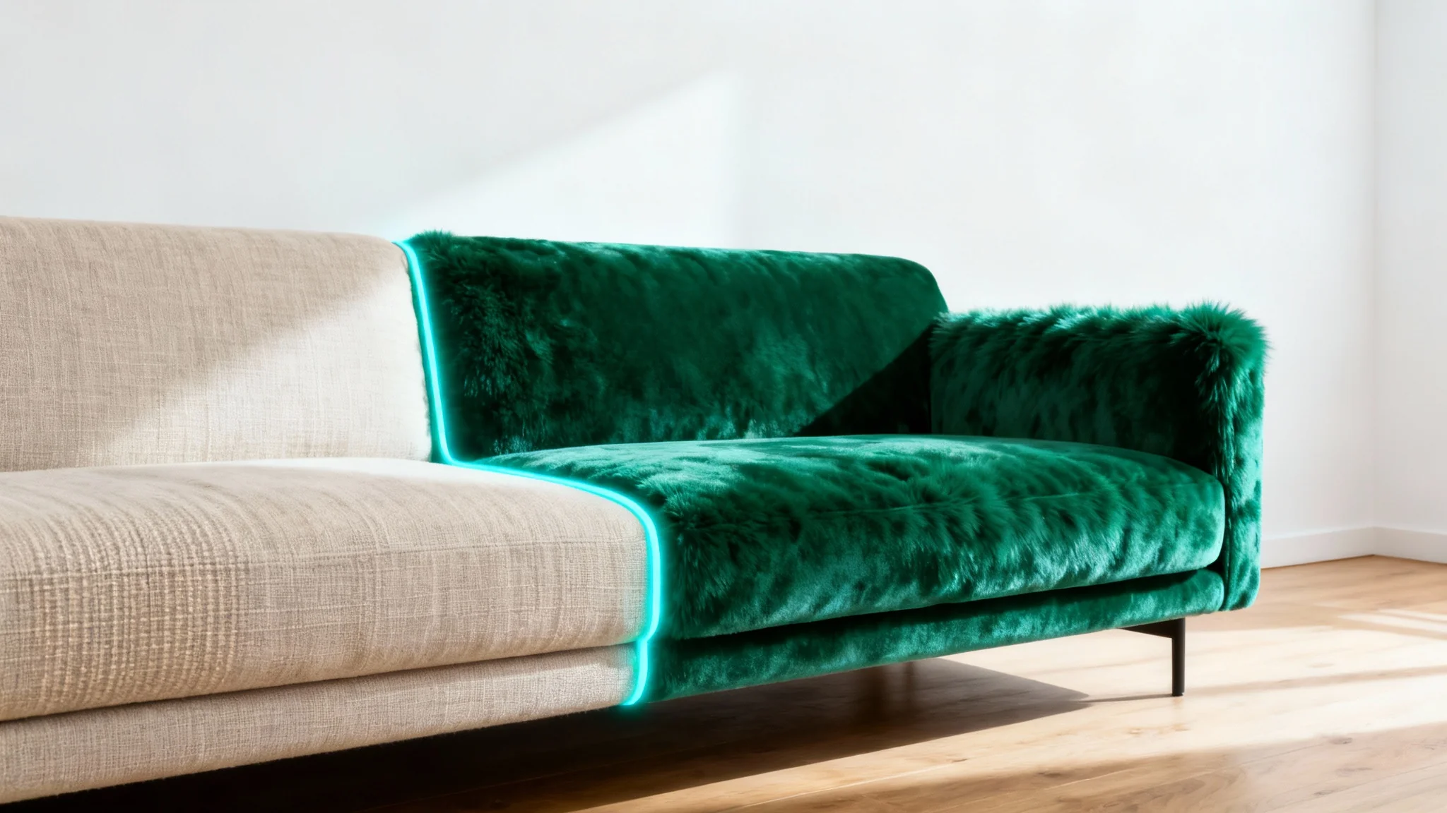 A modern sofa in a minimalist room, shown mid-transformation from a neutral beige color to a vibrant emerald green, illustrating a color change feature.