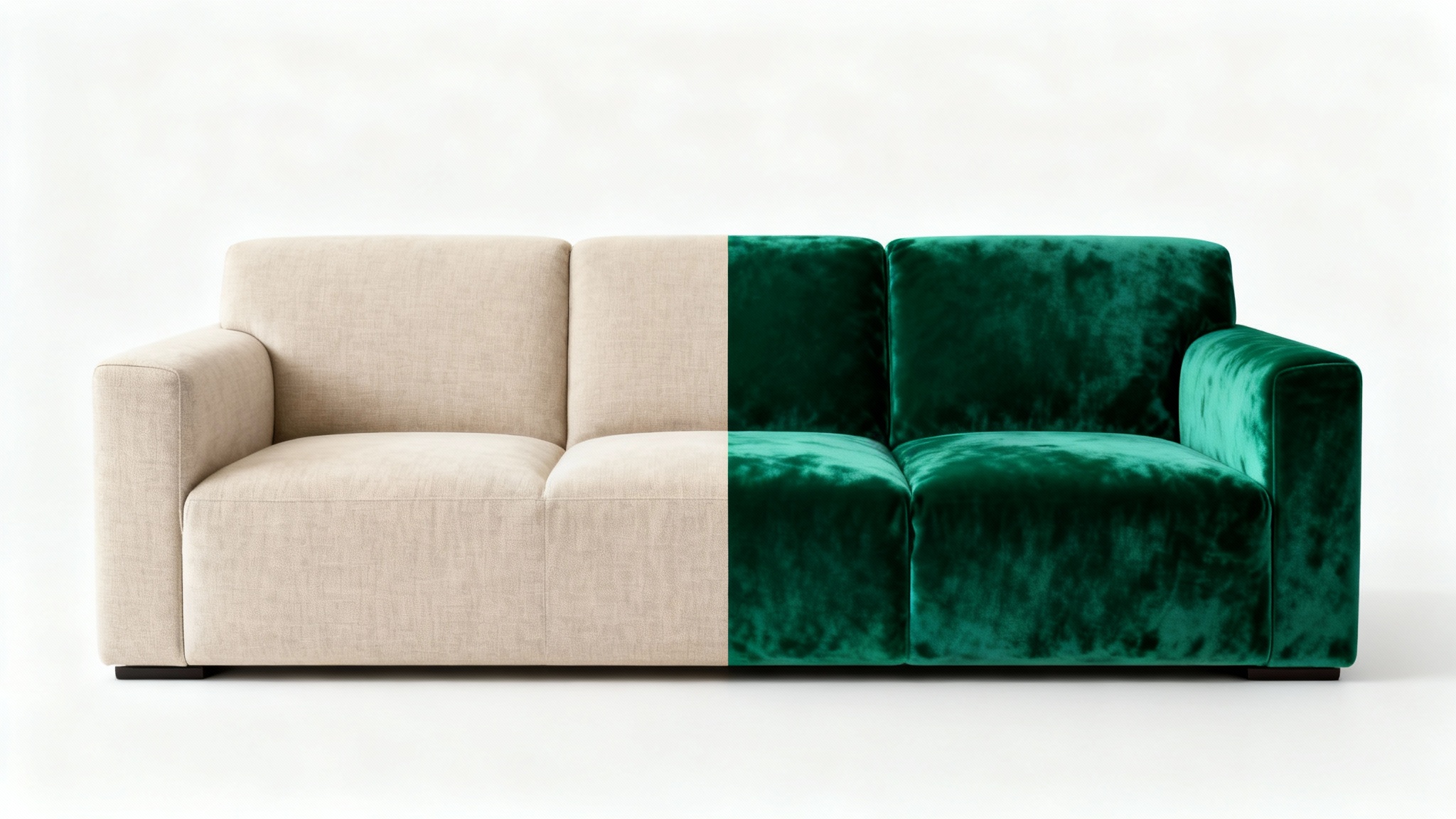 A modern sofa is shown with a split-color effect: one half is neutral beige, and the other is vibrant emerald green, demonstrating a color-changing capability against a white background.