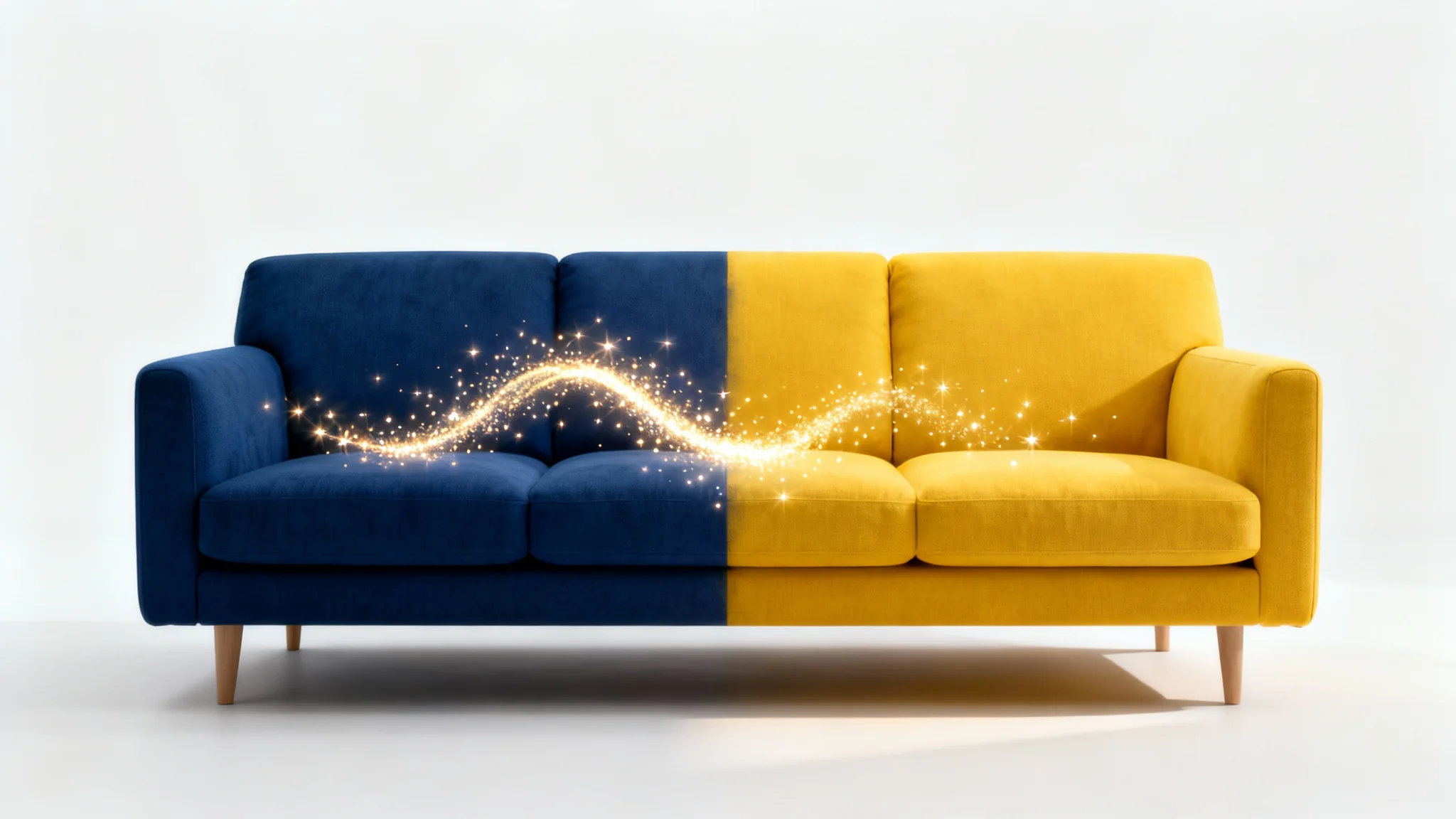 A modern sofa on a white background, halfway through a magical color change from navy blue to a bright sunflower yellow.