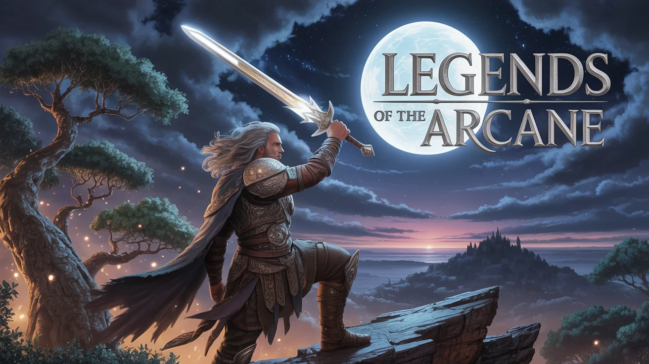 A professionally designed sword and sorcery book cover titled 'Legends of the Arcane'. A warrior in detailed armor holds a shining sword on a cliff under a full moon, with an enchanted forest and distant castle behind them. Epic fantasy art style.