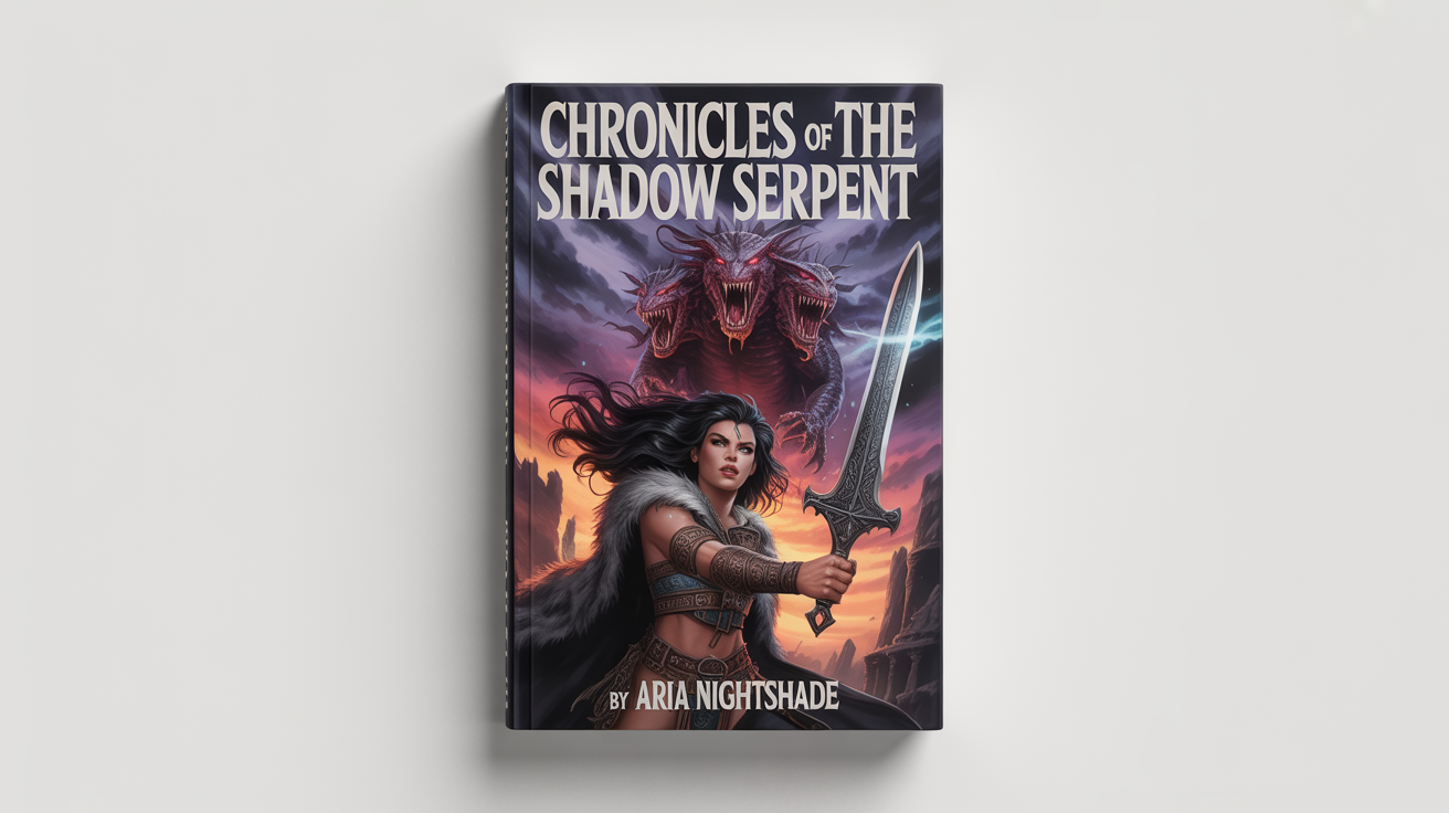 A mockup of a fantasy book cover titled 'Chronicles of the Shadow Serpent'. The artwork shows a female warrior with a glowing sword facing a shadowy, multi-headed monster in front of ancient ruins, set against a stormy sunset. The book is displayed against a white background.