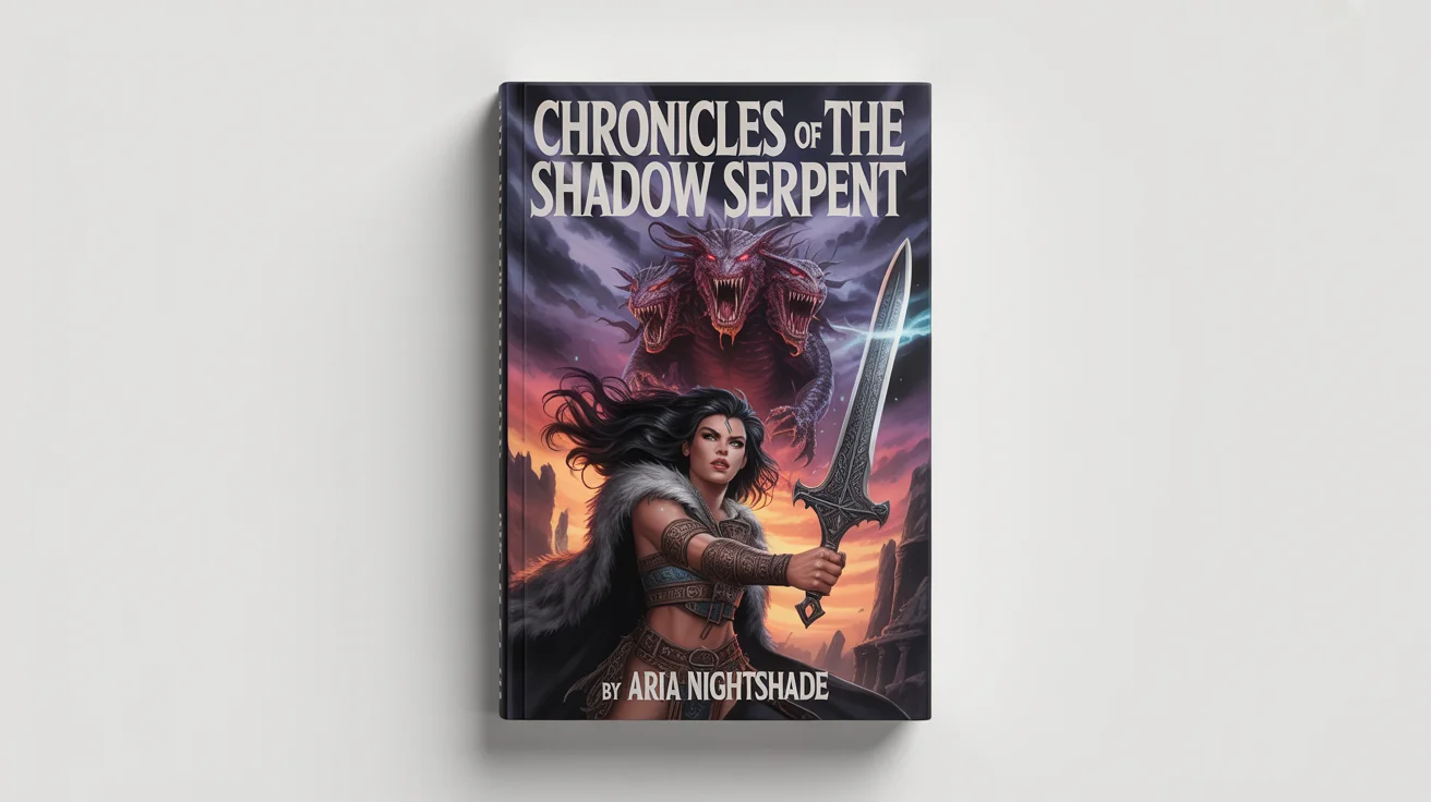 A mockup of a fantasy book cover titled 'Chronicles of the Shadow Serpent'. The artwork shows a female warrior with a glowing sword facing a shadowy, multi-headed monster in front of ancient ruins, set against a stormy sunset. The book is displayed against a white background.
