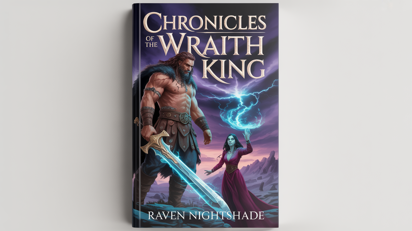A mockup of a sword and sorcery book cover titled 'Chronicles of the Wraith King', featuring a barbarian warrior and a sorceress in a stormy landscape.