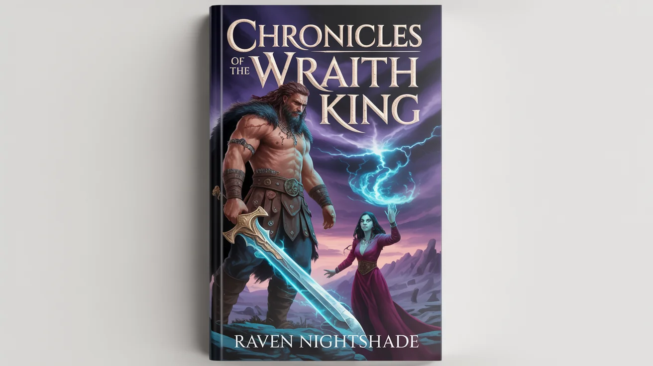 A mockup of a sword and sorcery book cover titled 'Chronicles of the Wraith King', featuring a barbarian warrior and a sorceress in a stormy landscape.