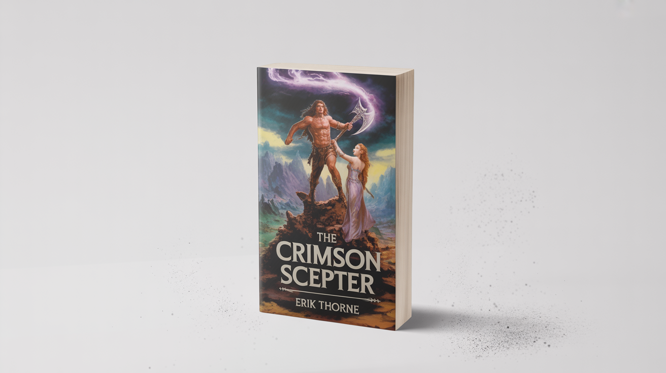 A mockup of a sword and sorcery paperback novel titled 'The Crimson Scepter', featuring cover art of a warrior and a sorceress on a pure white background.