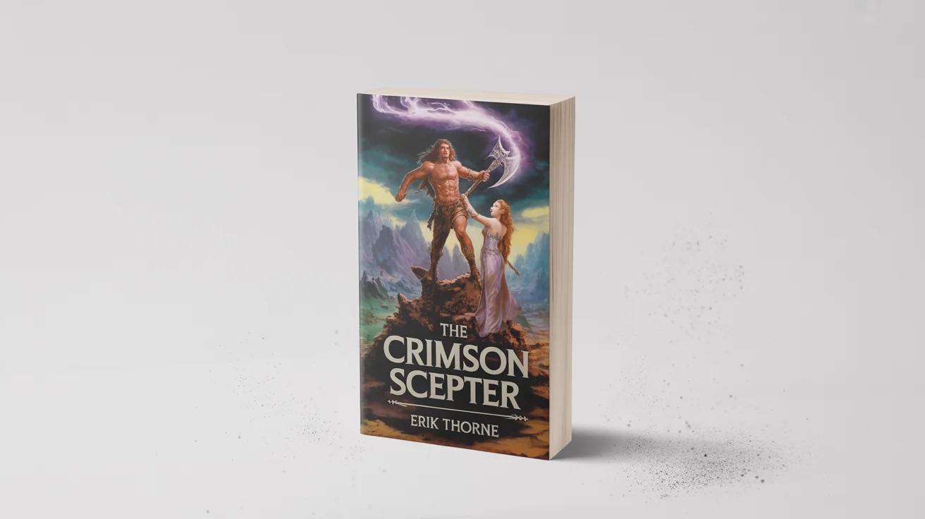 A mockup of a sword and sorcery paperback novel titled 'The Crimson Scepter', featuring cover art of a warrior and a sorceress on a pure white background.