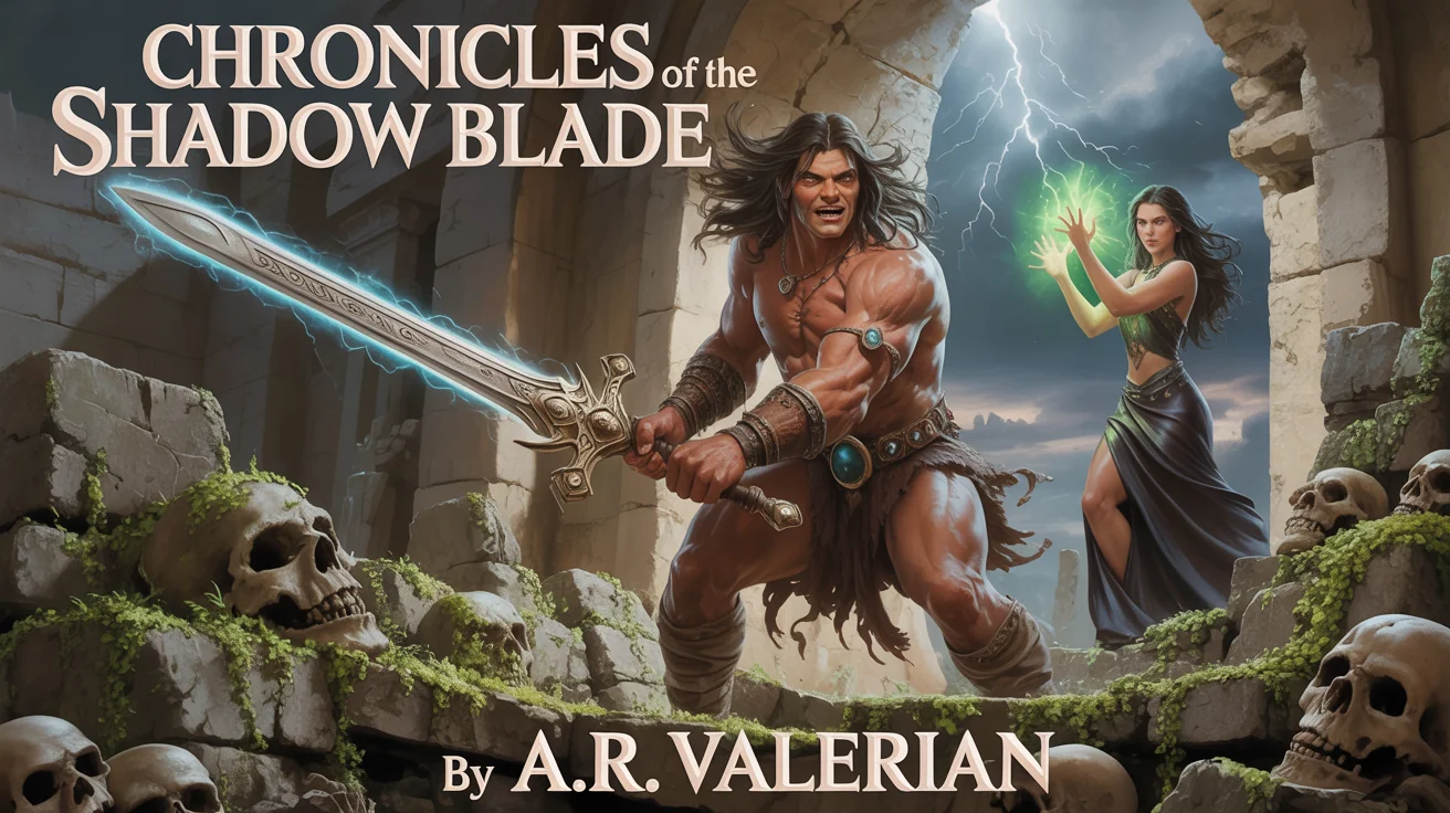 A sword and sorcery book cover mockup titled 'Chronicles of the Shadow Blade', showing a barbarian hero with a glowing sword and a dark sorceress in ancient ruins under a stormy sky.