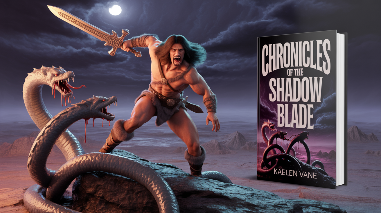 A sword and sorcery book cover mockup depicting a muscular barbarian fighting a multi-headed hydra, titled 'Chronicles of the Shadow Blade'. The artwork is in a classic, dramatic fantasy style and is shown against a plain white background.