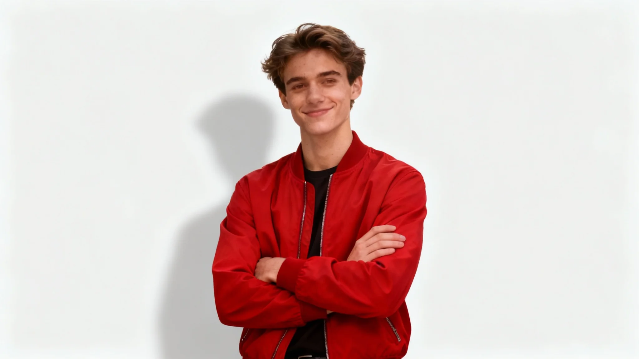 A photorealistic image showing a young man in a red jacket perfectly isolated from his background, placed against a clean light gray backdrop, demonstrating a subject isolation tool's final result.