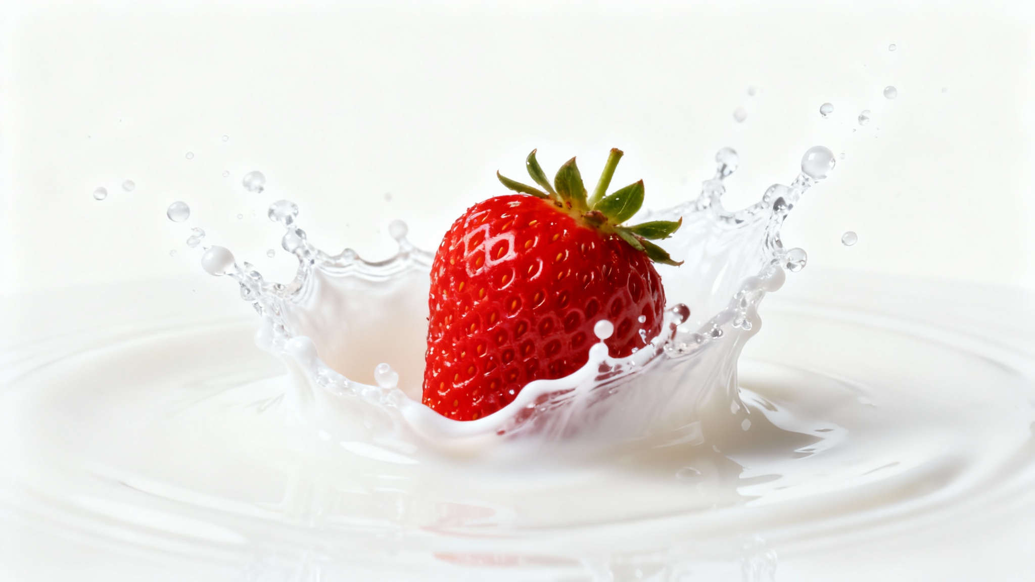A perfectly isolated, bright red strawberry splashes into a white liquid, frozen in time against a pure white background.