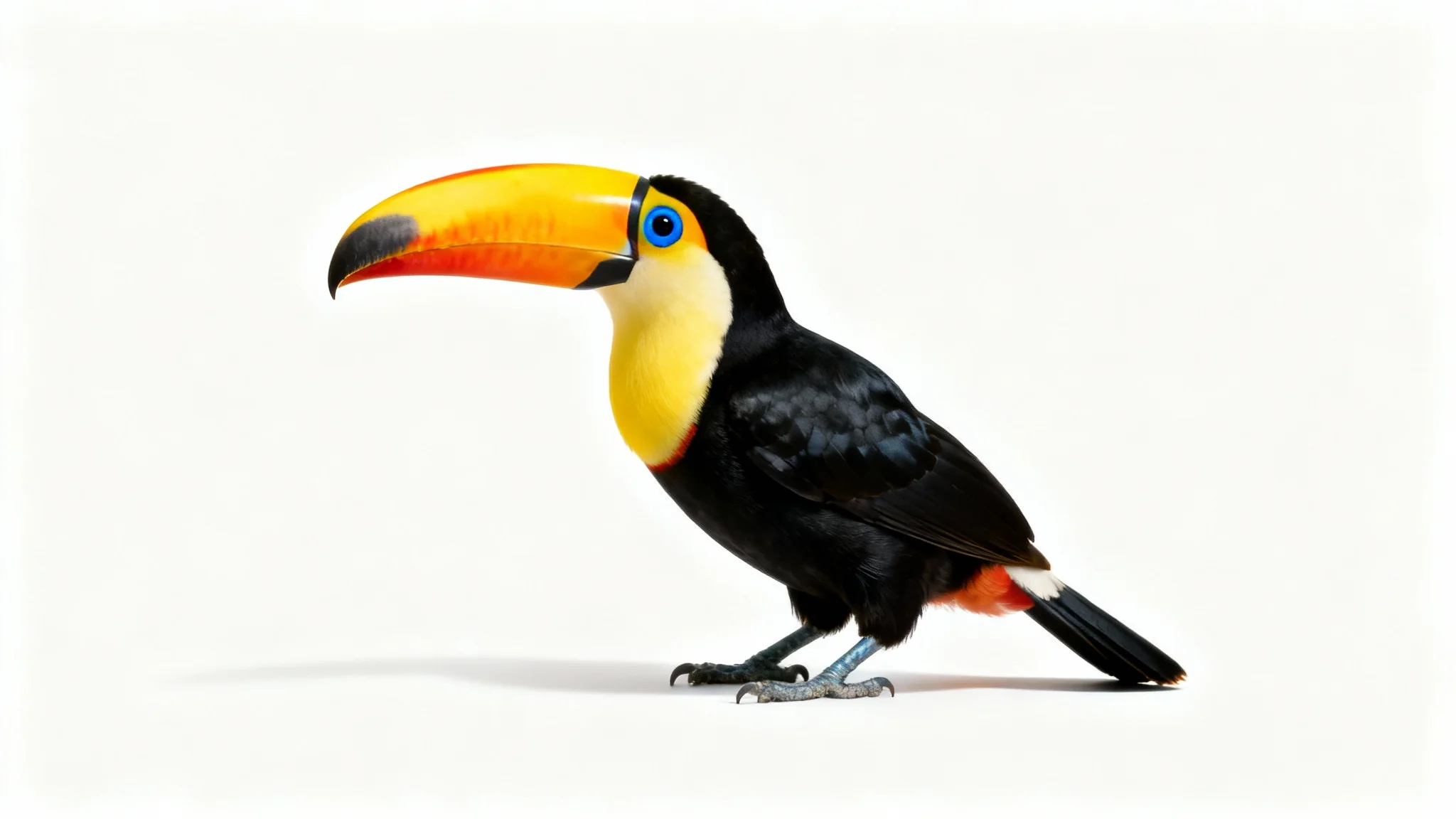 A photorealistic image of a colorful toucan, perfectly isolated against a solid white background, highlighting the concept of subject isolation.