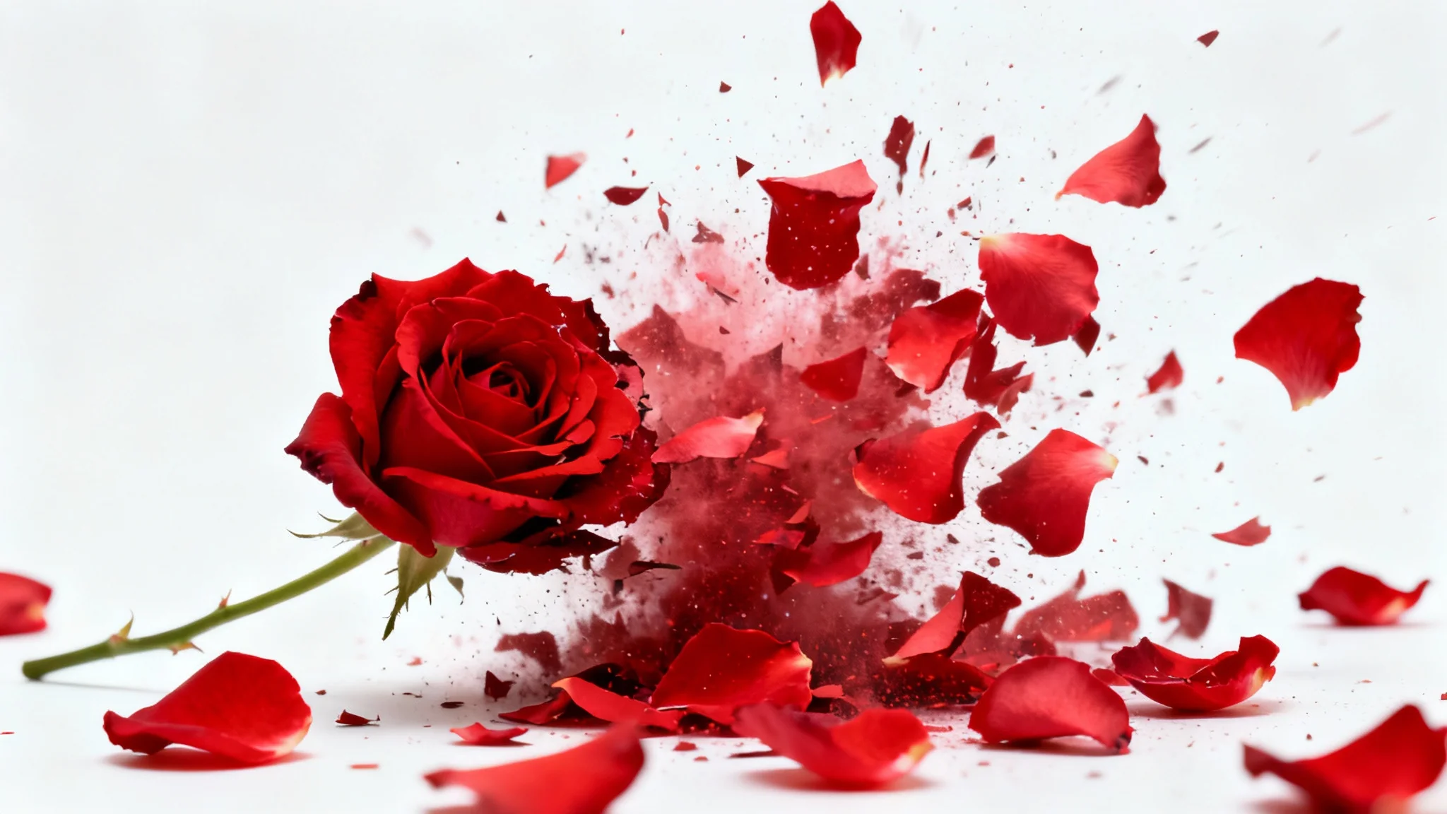 A close-up, high-speed photograph of a red rose shattering, with its petals frozen mid-explosion against a pure white background, demonstrating perfect subject isolation.