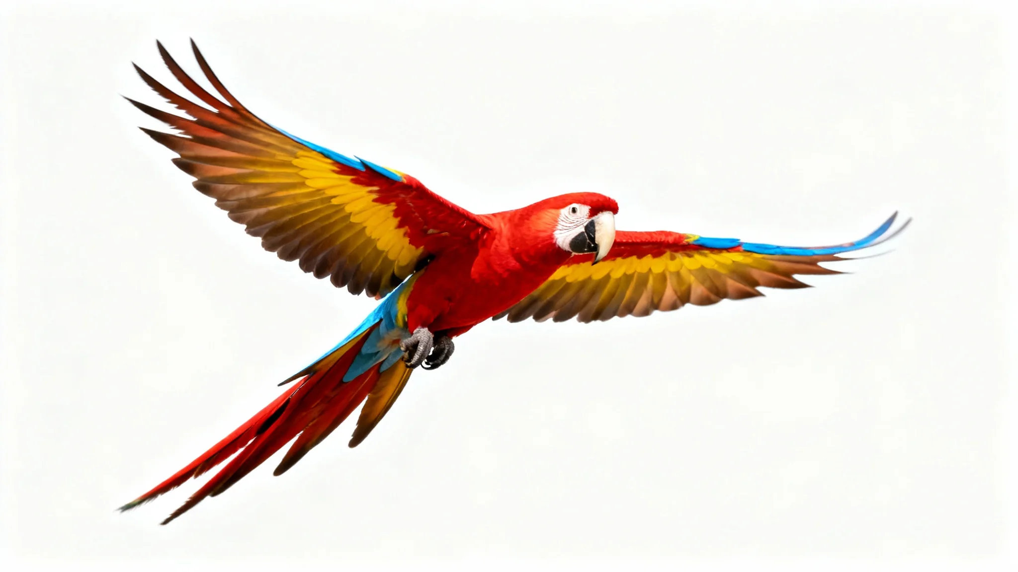 A vibrant scarlet macaw is captured in mid-flight with its wings spread wide, perfectly isolated against a stark white background, showcasing the effect of subject isolation.