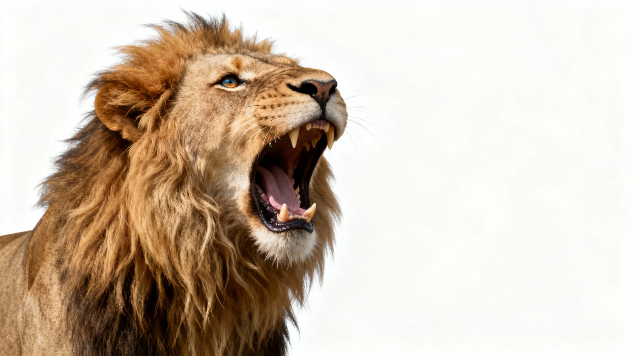 A photorealistic image of a majestic lion's head and shoulders, isolated against a stark white background, roaring powerfully.