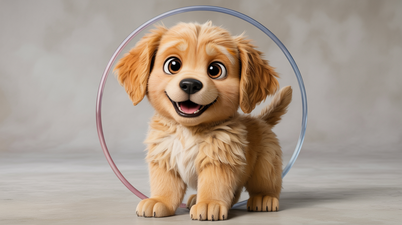A final designed result of a puppy avatar, showing a cute 3D animated golden retriever puppy with big eyes inside a blue circular frame, set against a clean grey background.