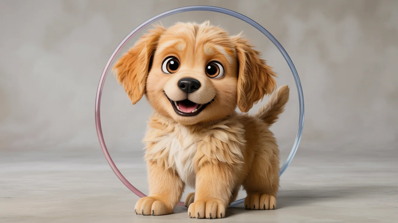 A final designed result of a puppy avatar, showing a cute 3D animated golden retriever puppy with big eyes inside a blue circular frame, set against a clean grey background.