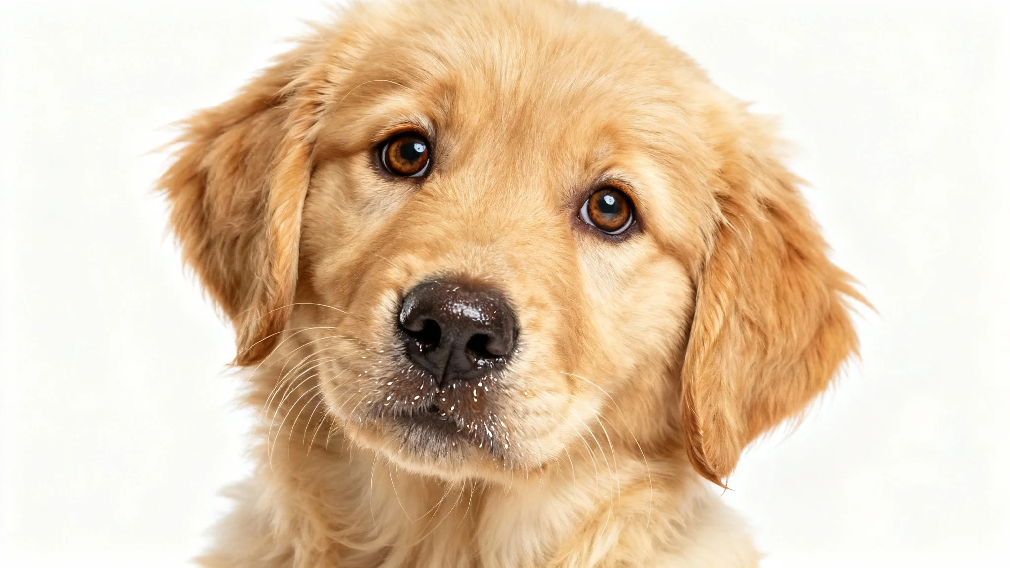 A close-up studio portrait of a fluffy Golden Retriever puppy against a solid white background, looking at the camera, designed to be used as a cute avatar.