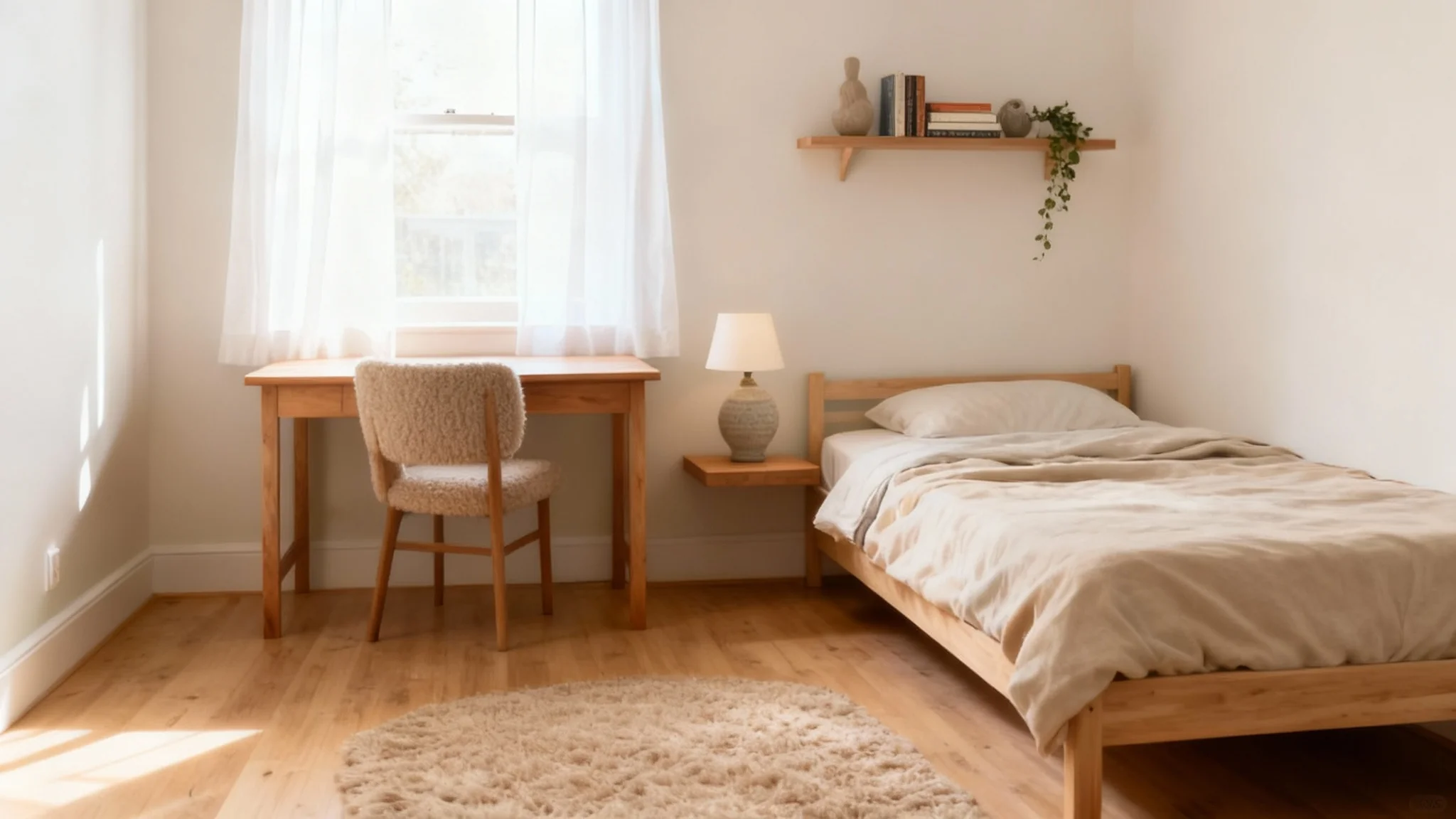 A professionally designed small bedroom with a modern, minimalist aesthetic. A neatly made bed with neutral bedding, a small desk by a window, and stylish decor create a bright and airy space.