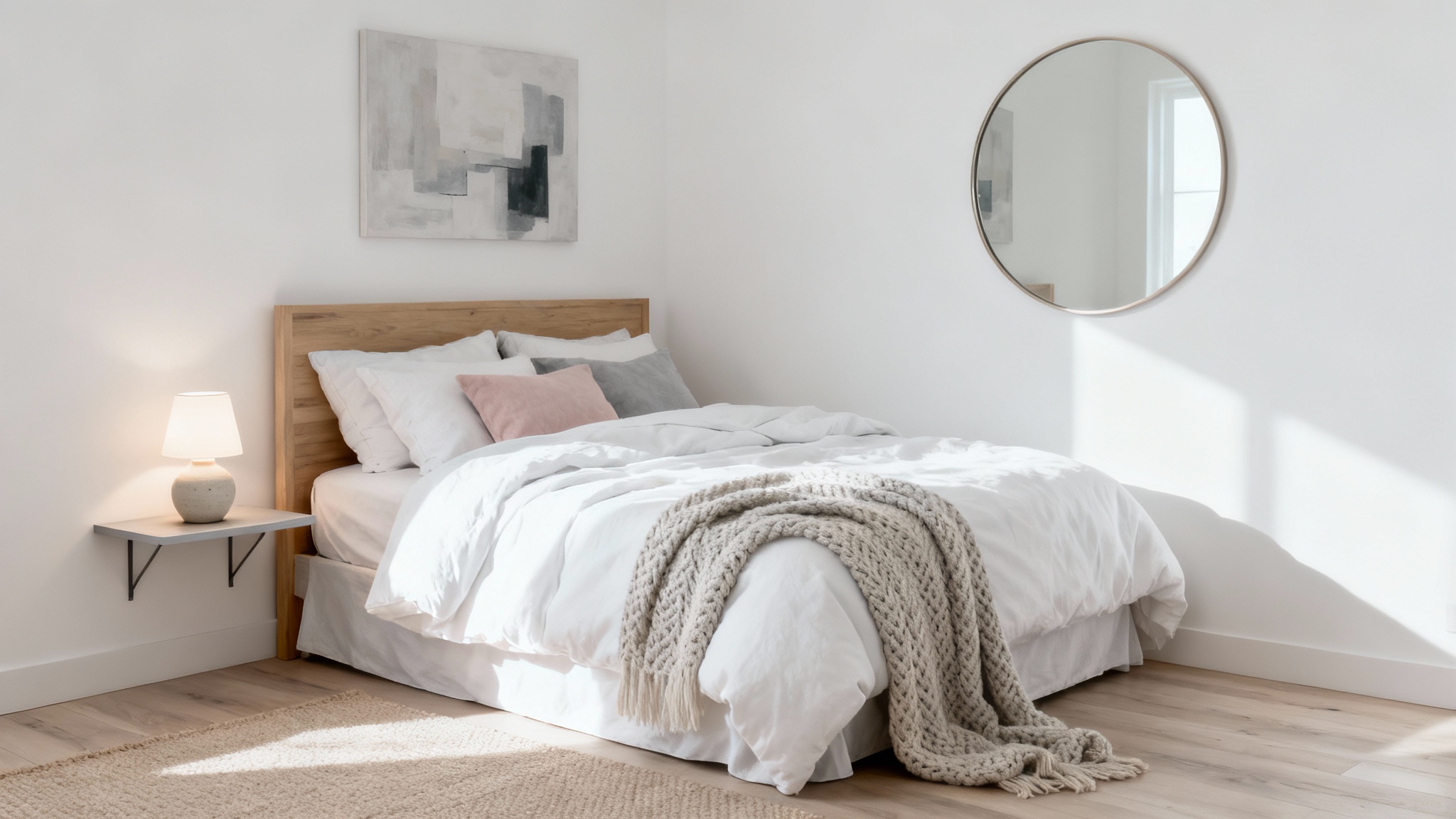 A hyper-realistic photo of a beautifully decorated small bedroom with a minimalist design, featuring a cozy bed, a round mirror, and a light, neutral color scheme to make the space feel larger.
