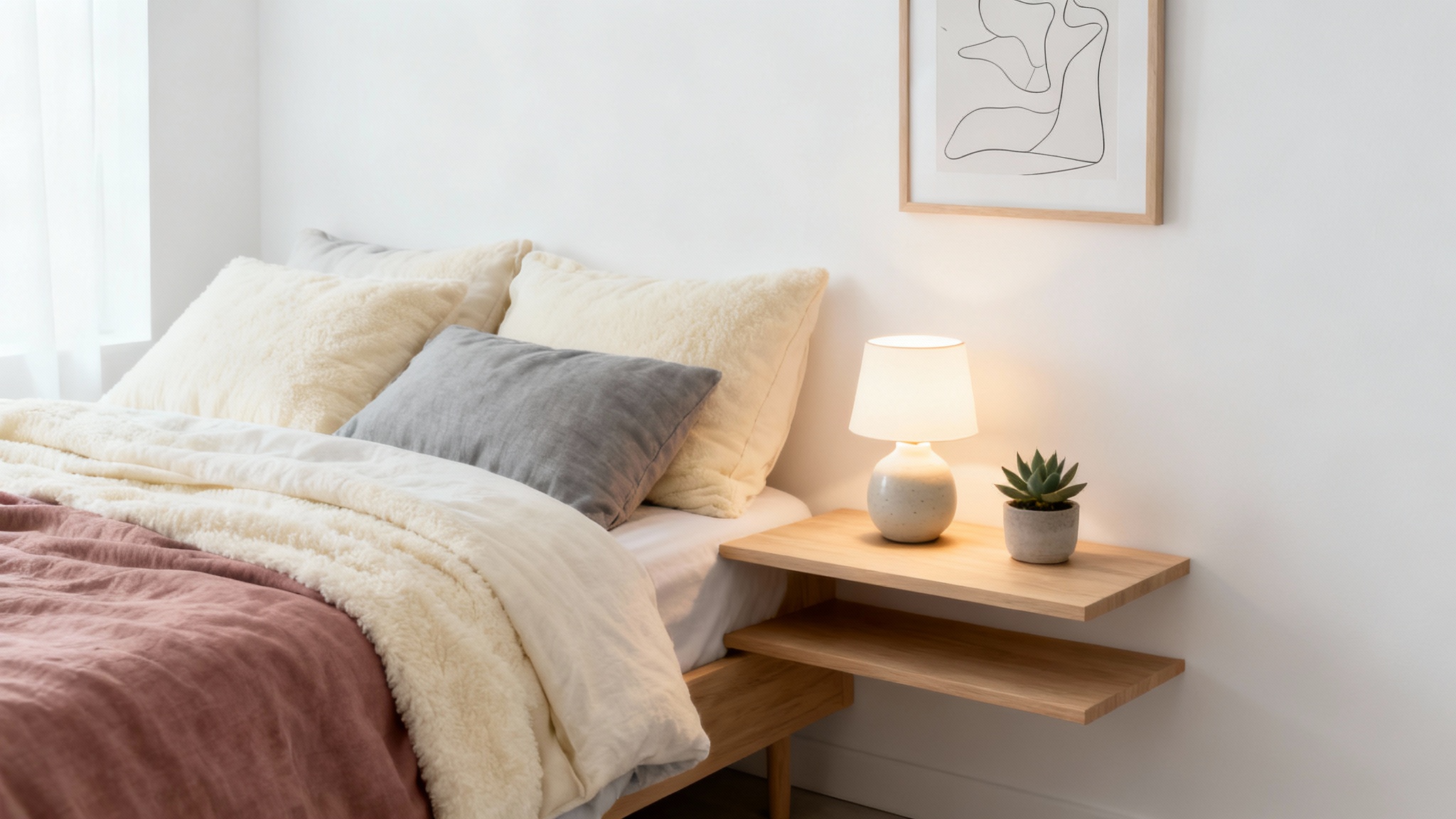 A stylishly decorated corner of a small bedroom, featuring a cozy bed with neutral-toned bedding, a floating nightstand with a lamp, and wall art, demonstrating smart and elegant small-space design.