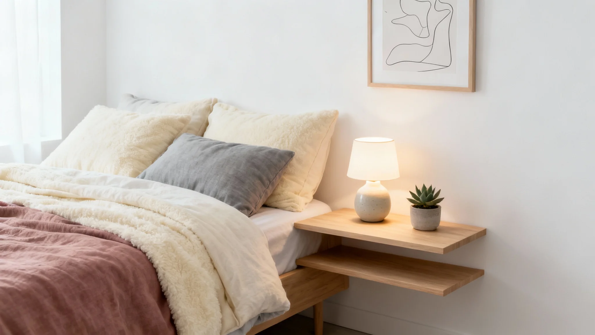 A stylishly decorated corner of a small bedroom, featuring a cozy bed with neutral-toned bedding, a floating nightstand with a lamp, and wall art, demonstrating smart and elegant small-space design.