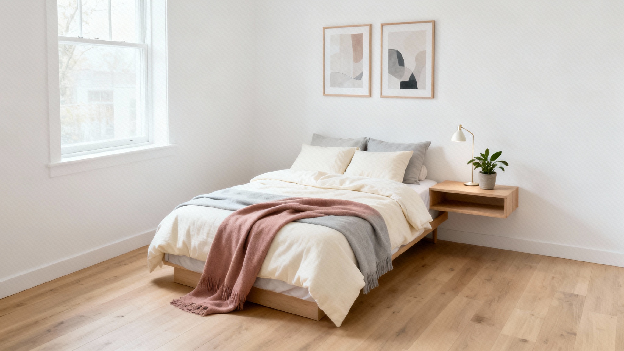 A bright and airy small bedroom decorated in a modern Scandinavian style, with a neatly made bed, floating nightstand, and potted plants.