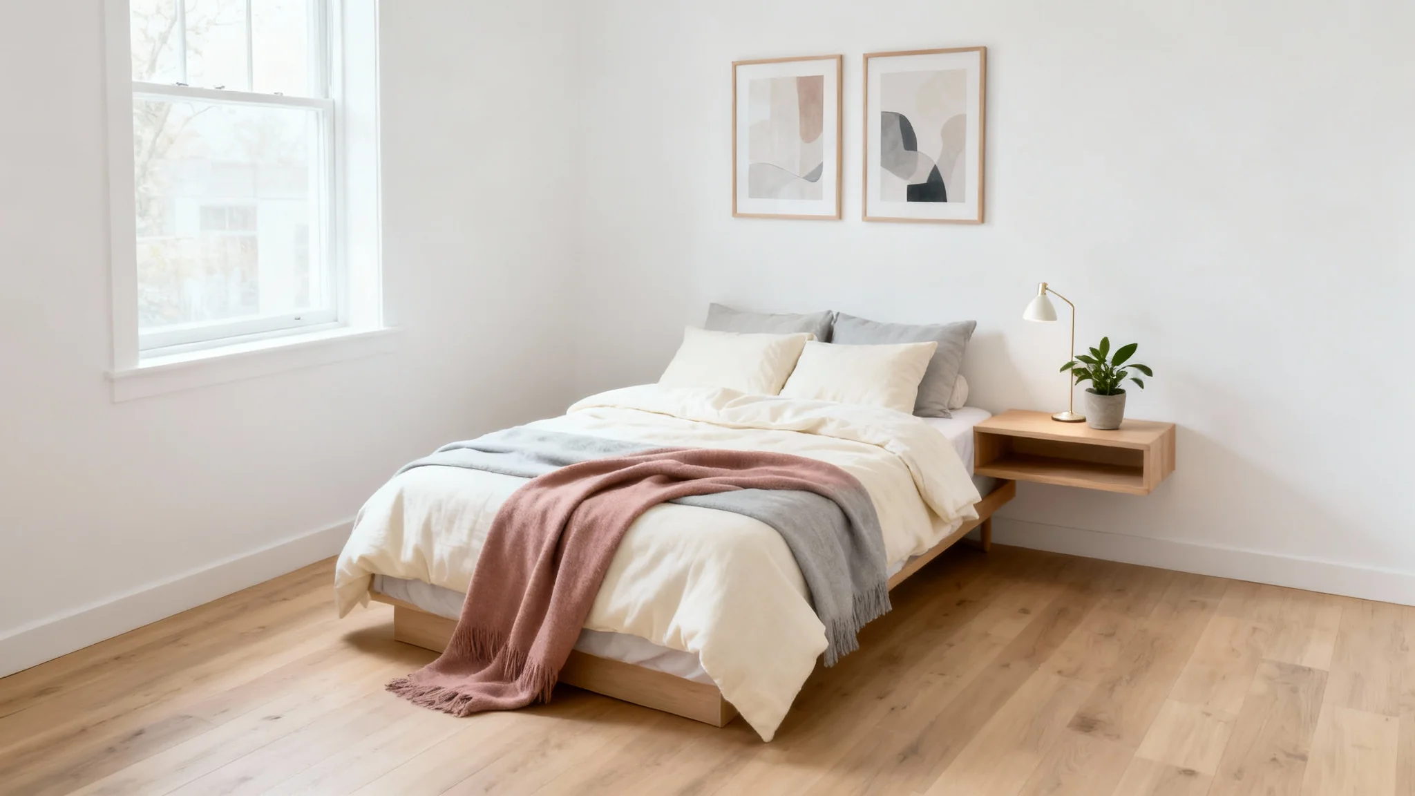 A bright and airy small bedroom decorated in a modern Scandinavian style, with a neatly made bed, floating nightstand, and potted plants.