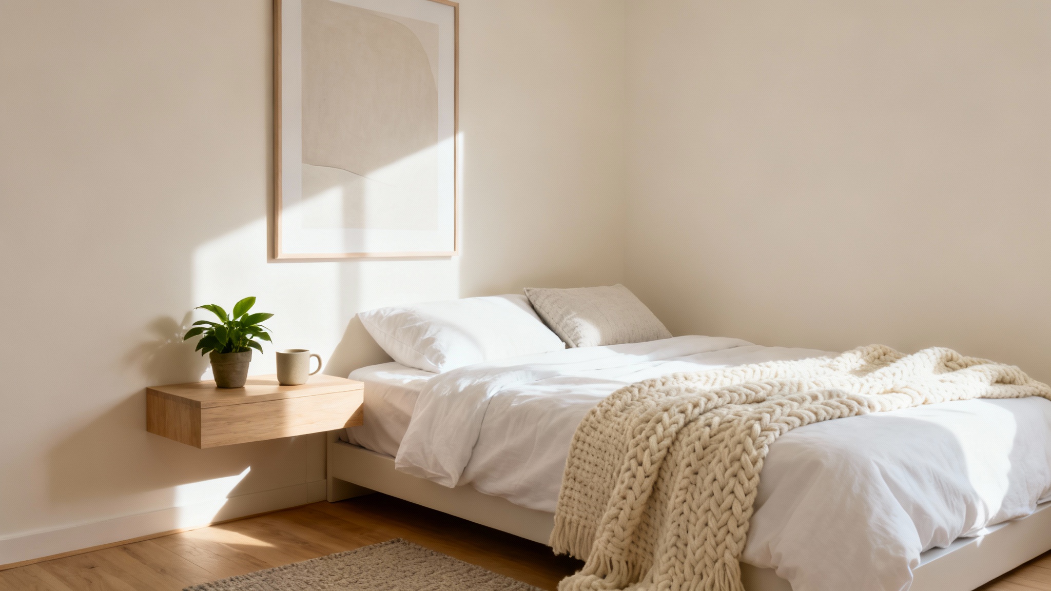 A small, modern bedroom decorated in neutral tones to appear spacious and serene. A neatly made bed with white and cream bedding sits against a light wall with a piece of abstract art. Natural light illuminates the room.