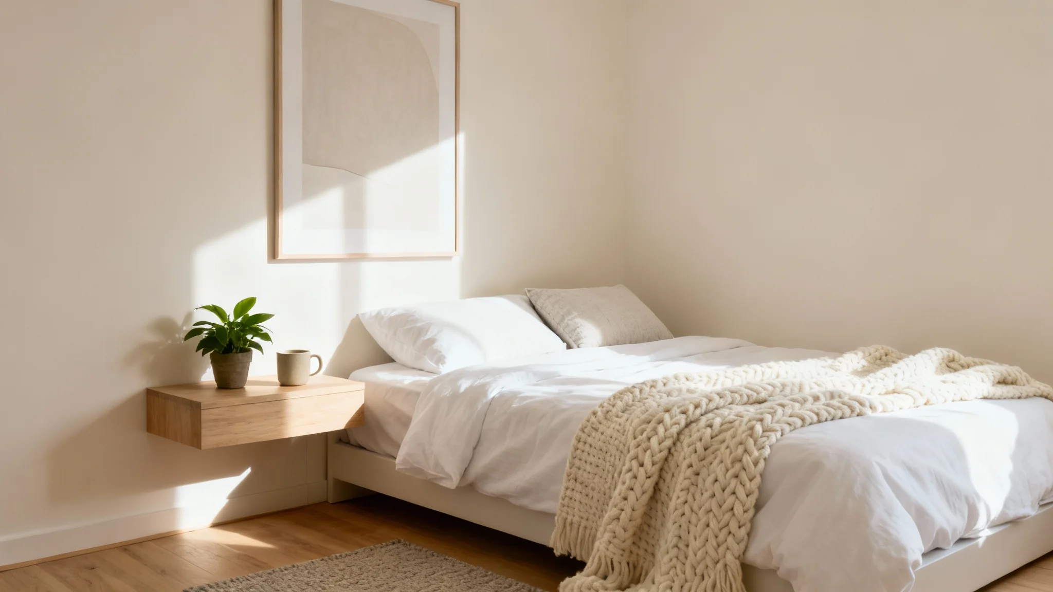 A small, modern bedroom decorated in neutral tones to appear spacious and serene. A neatly made bed with white and cream bedding sits against a light wall with a piece of abstract art. Natural light illuminates the room.