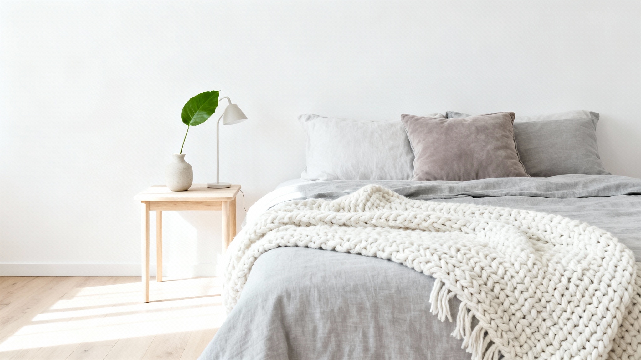 A photorealistic mockup of a beautifully decorated small bedroom with a modern Scandinavian design, featuring a cozy bed, minimalist furniture, and a bright, airy atmosphere against a clean white background.