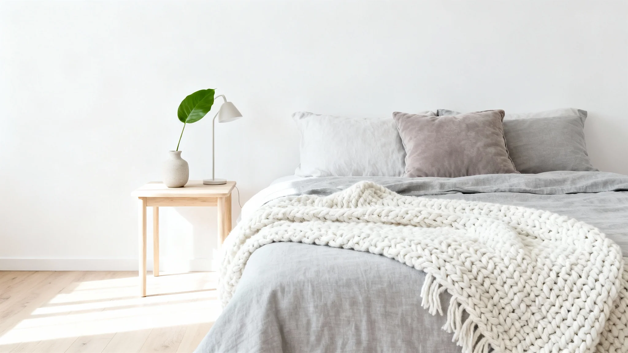 A photorealistic mockup of a beautifully decorated small bedroom with a modern Scandinavian design, featuring a cozy bed, minimalist furniture, and a bright, airy atmosphere against a clean white background.
