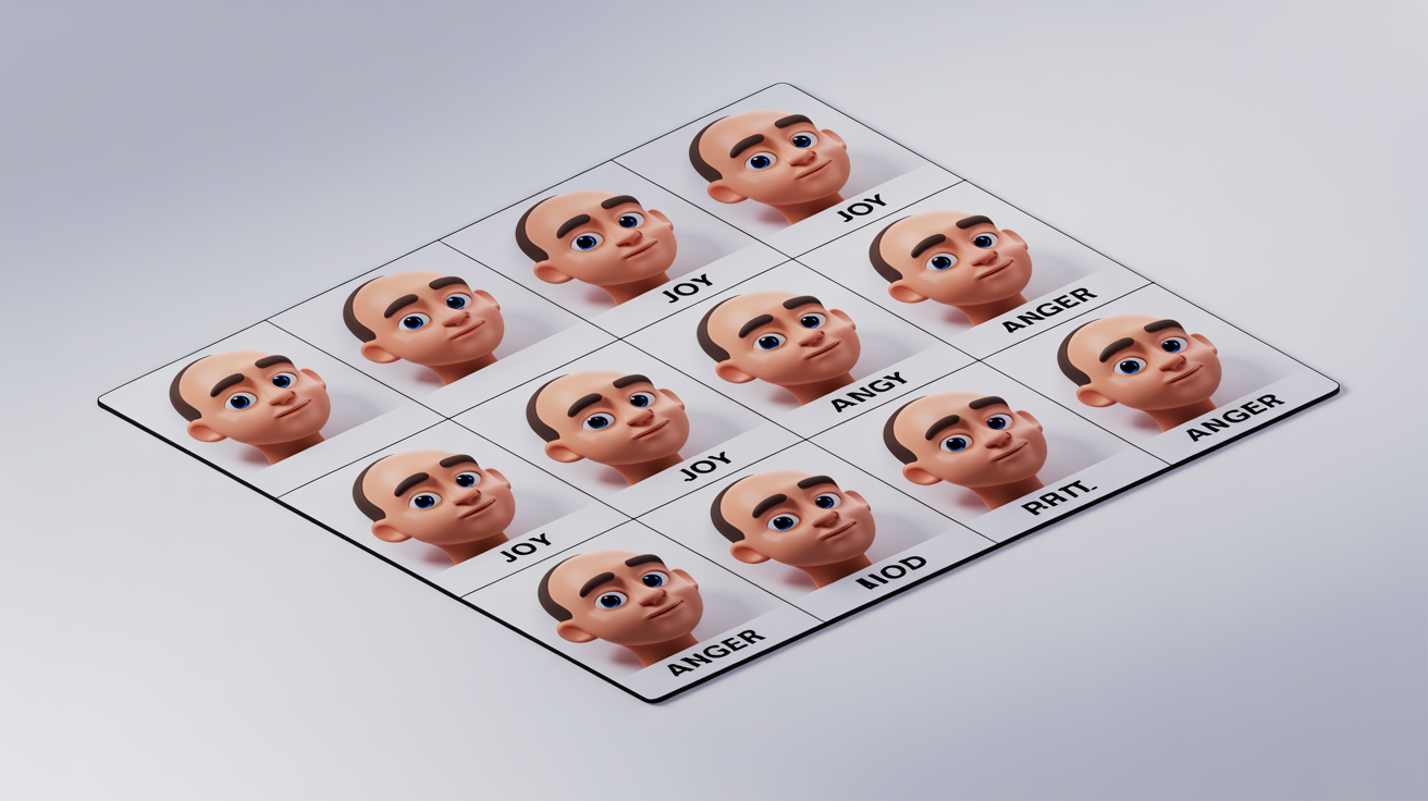 A character expression sheet showing a stylized 3D character with nine different facial expressions, including joy, anger, and surprise, arranged in a grid on a white background.