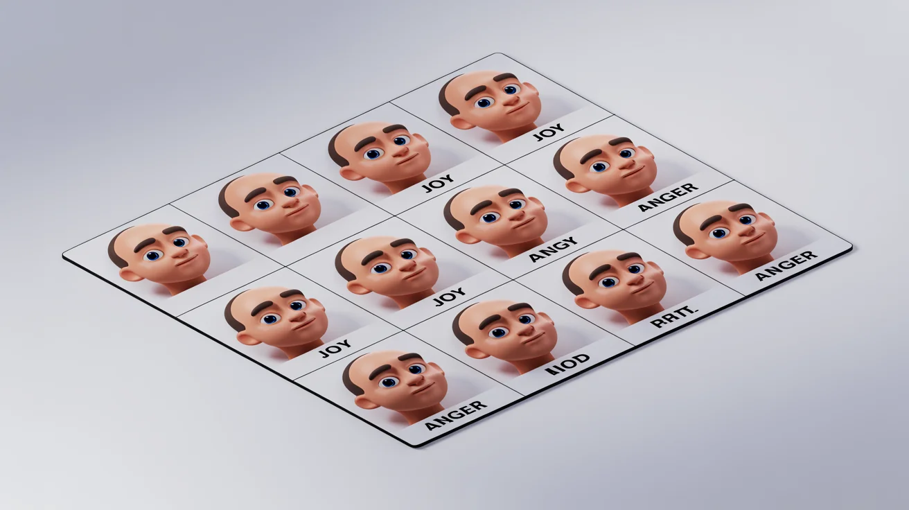 A character expression sheet showing a stylized 3D character with nine different facial expressions, including joy, anger, and surprise, arranged in a grid on a white background.