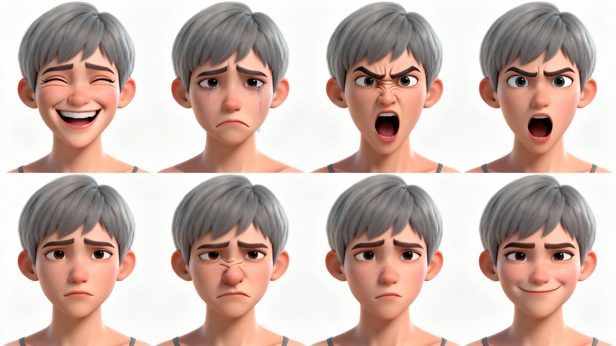 An artist's reference sheet showing nine different facial expressions of a 3D character model, including joy, anger, and sadness, on a white background.