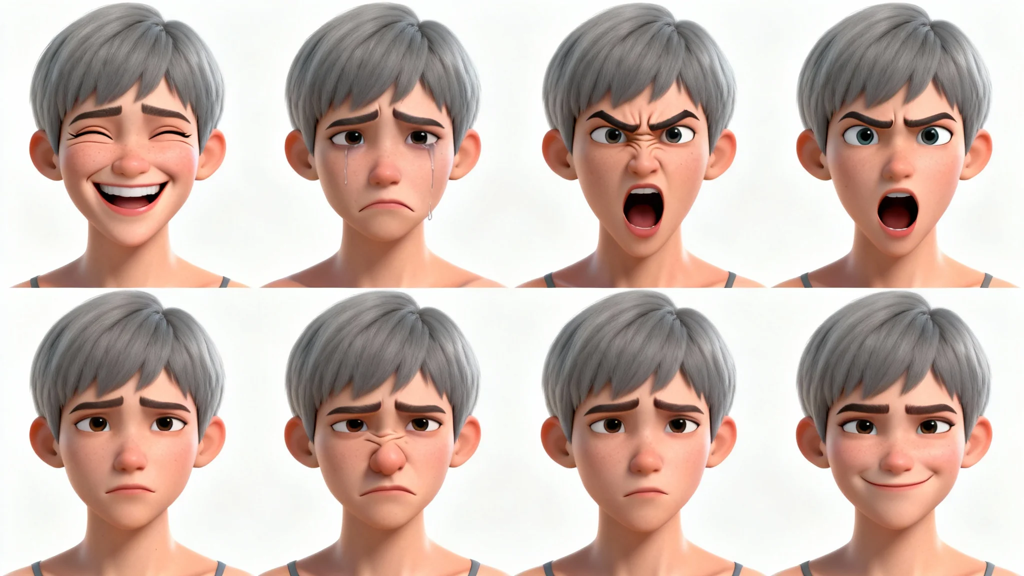 An artist's reference sheet showing nine different facial expressions of a 3D character model, including joy, anger, and sadness, on a white background.