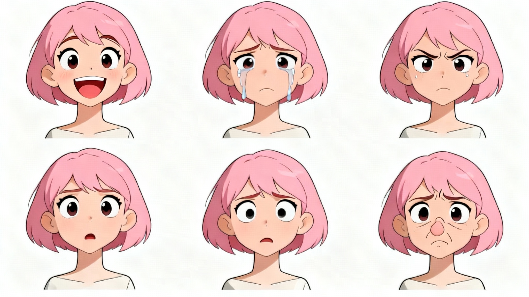 A character reference sheet displaying six different facial expressions of a female character with pink hair, including joy, sadness, anger, and surprise, presented against a clean white background.