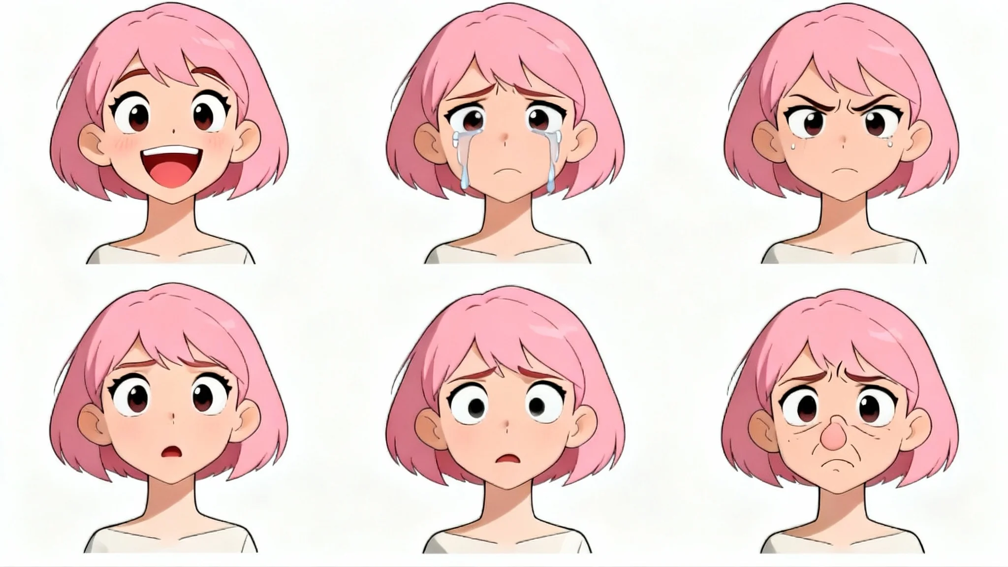 A character reference sheet displaying six different facial expressions of a female character with pink hair, including joy, sadness, anger, and surprise, presented against a clean white background.