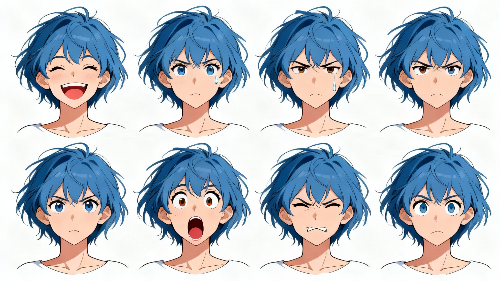 A character design sheet showcasing a woman with blue hair demonstrating six different facial expressions: happiness, sadness, anger, shock, contempt, and fear, presented as a reference for artists.