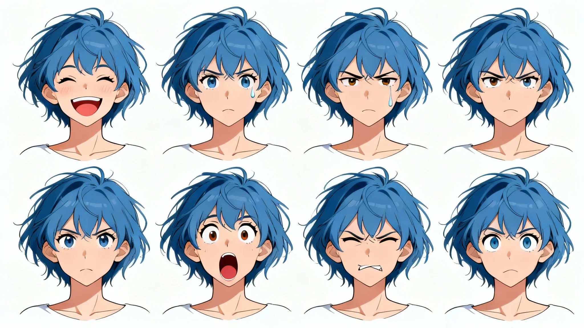 A character design sheet showcasing a woman with blue hair demonstrating six different facial expressions: happiness, sadness, anger, shock, contempt, and fear, presented as a reference for artists.