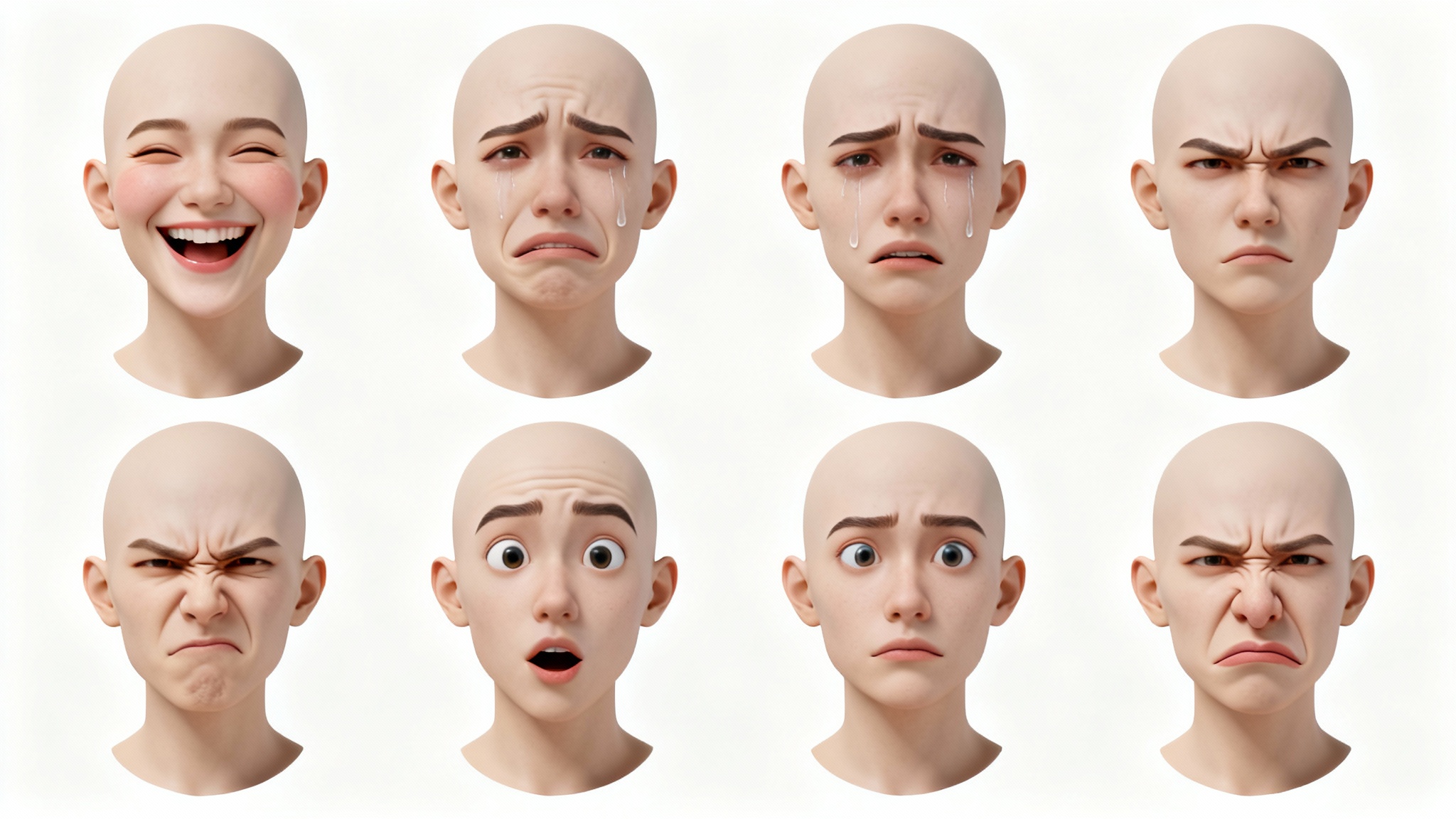 A 3D rendered character expression sheet showing six different facial expressions—joy, sadness, anger, surprise, fear, and disgust—on character busts for artist reference, against a white background.