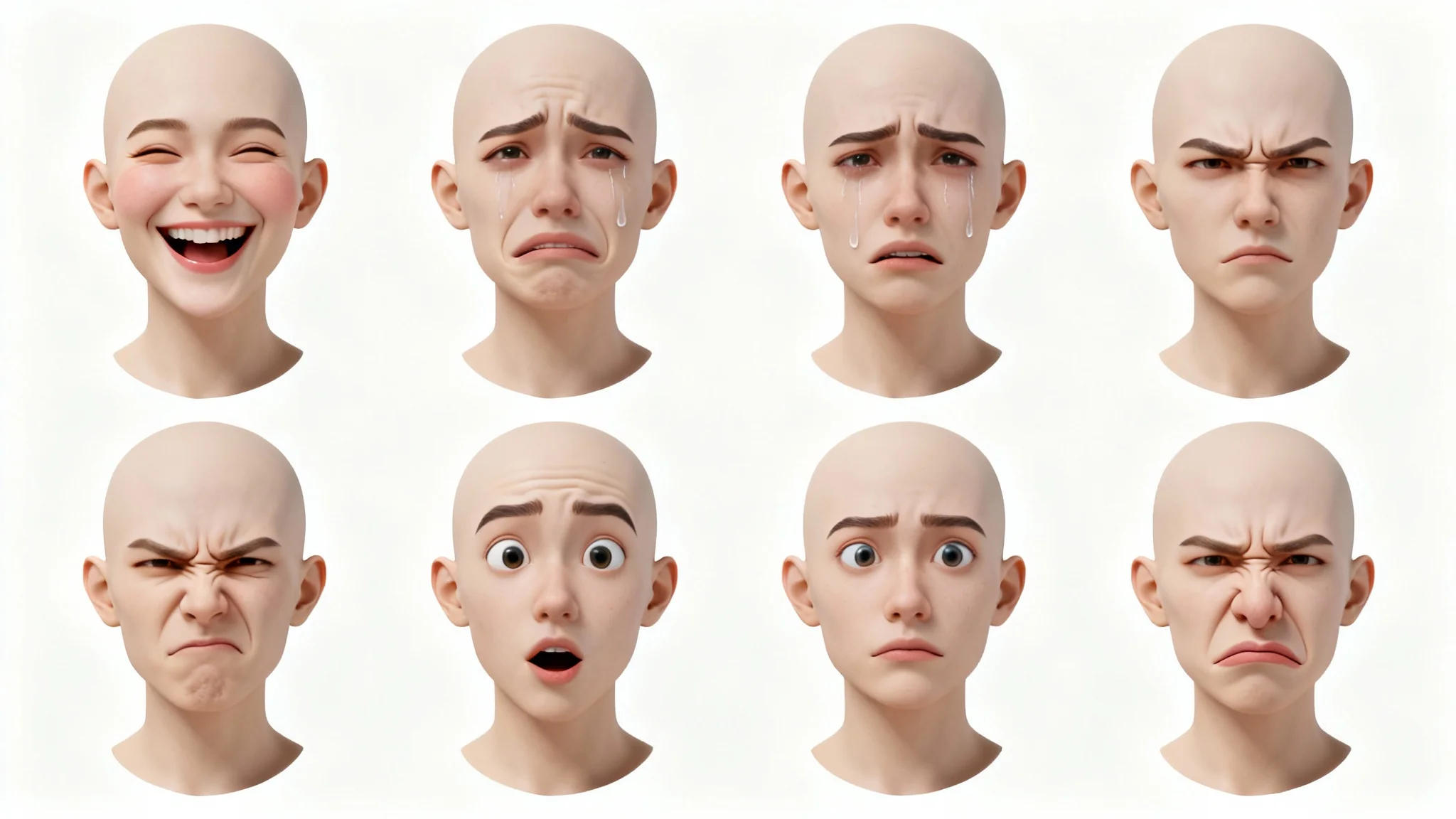 A 3D rendered character expression sheet showing six different facial expressions—joy, sadness, anger, surprise, fear, and disgust—on character busts for artist reference, against a white background.