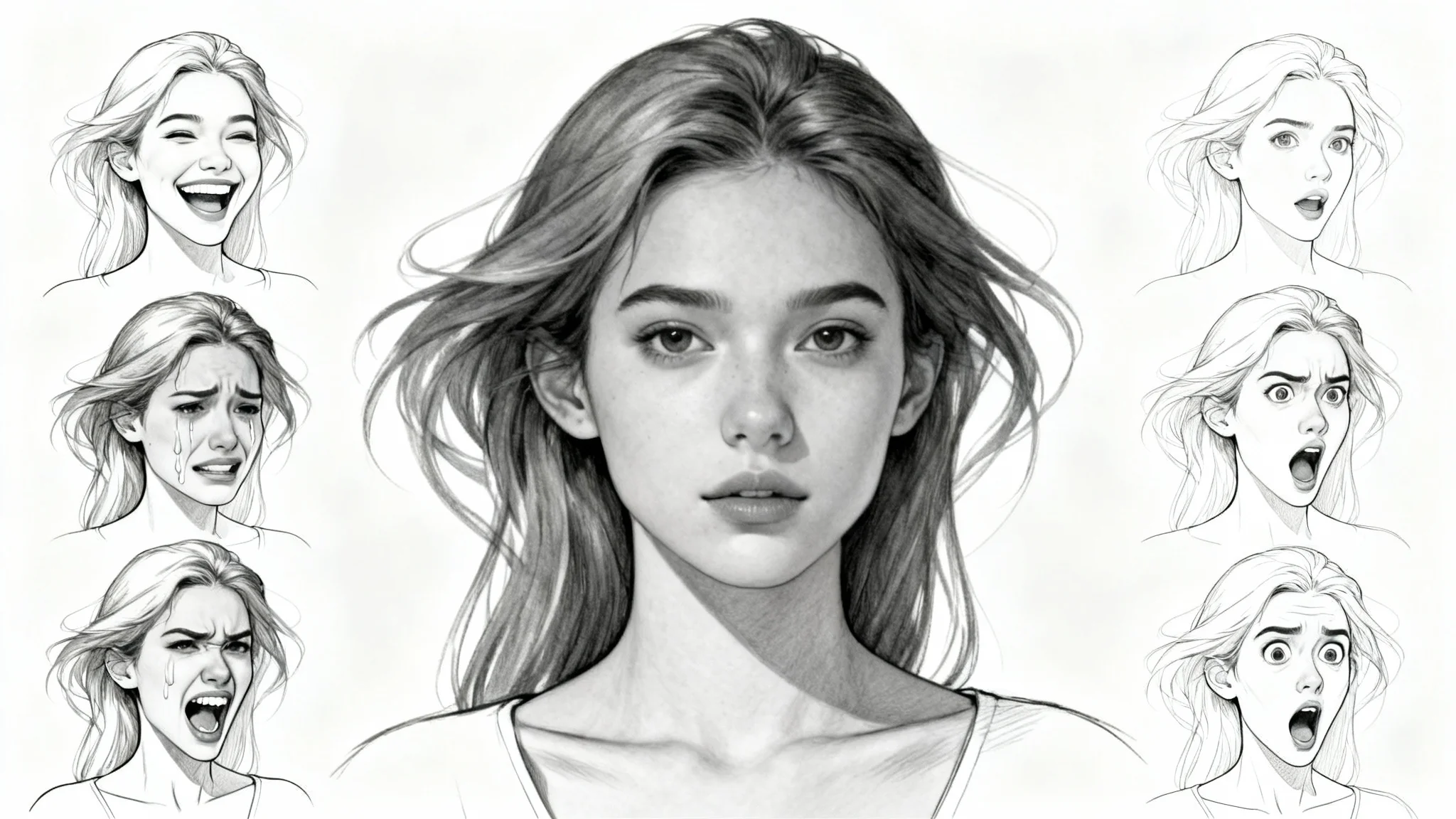 A digital art character sheet of a woman displaying various expressions for artistic reference, including neutral, joyful, sad, angry, surprised, and fearful, all against a clean white background.