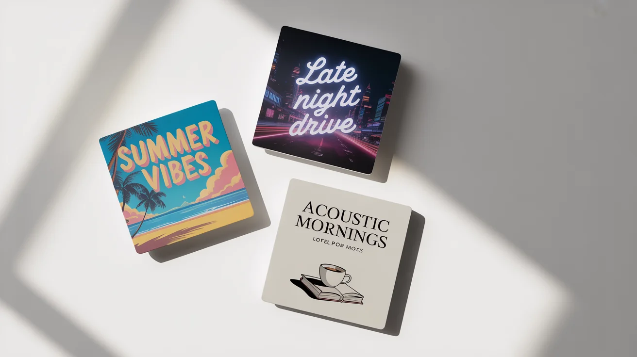 A collection of three custom playlist cover art mockups arranged on a white background. The covers represent different music genres: 'Summer Vibes,' 'Late Night Drive,' and 'Acoustic Mornings'.