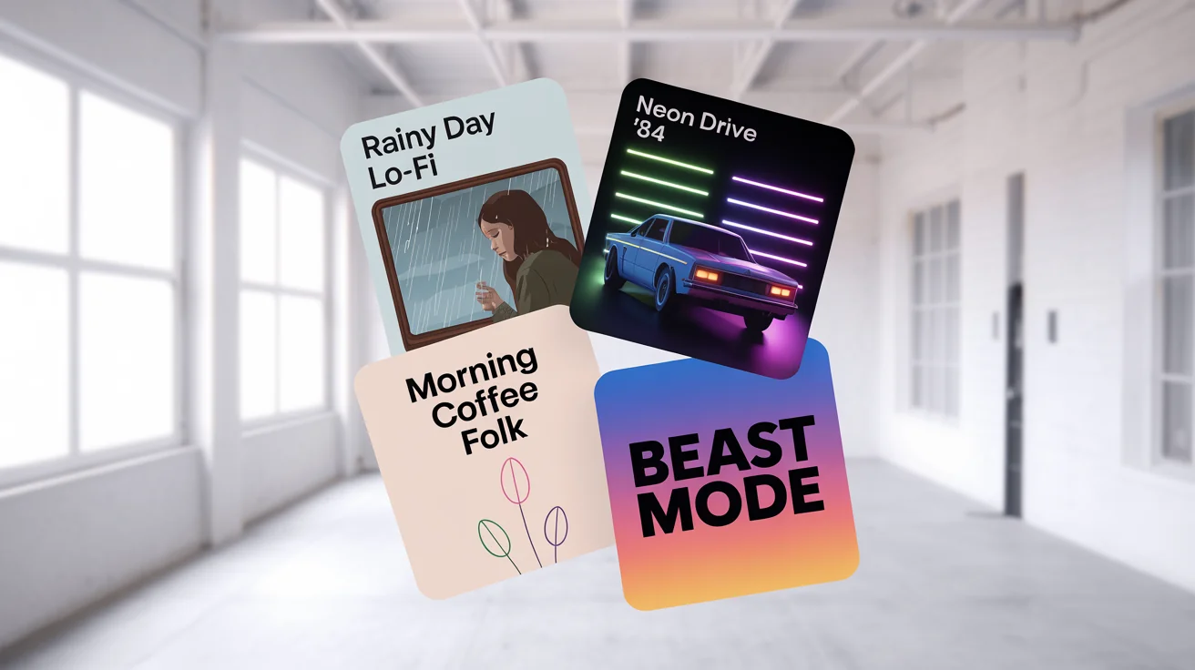 A collection of four custom playlist cover arts for different music genres, including lo-fi, synthwave, and indie pop, displayed in a mockup format against a white background.