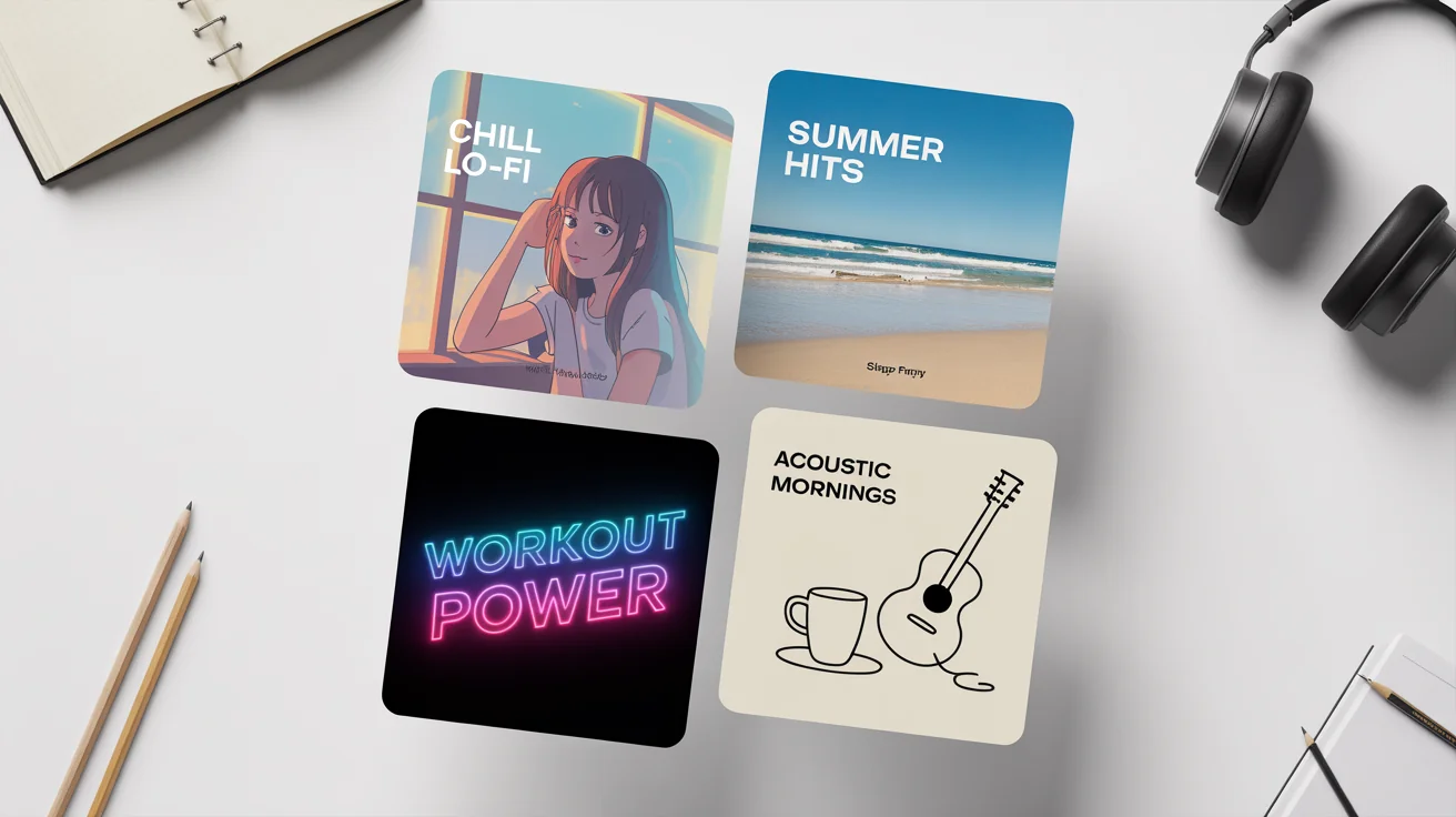 A collection of four custom-designed playlist cover art mockups for different music genres like 'Chill Lo-fi', 'Summer Hits', 'Workout Power', and 'Acoustic Mornings', displayed on a white background.