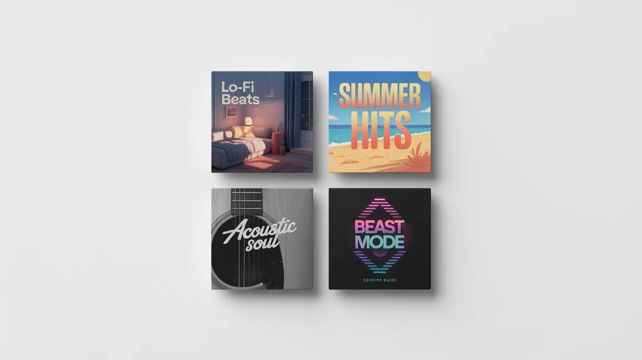 A collection of four custom-designed playlist cover arts for different music genres, Lo-fi, Summer Pop, Indie, and Workout, arranged neatly on a white background.