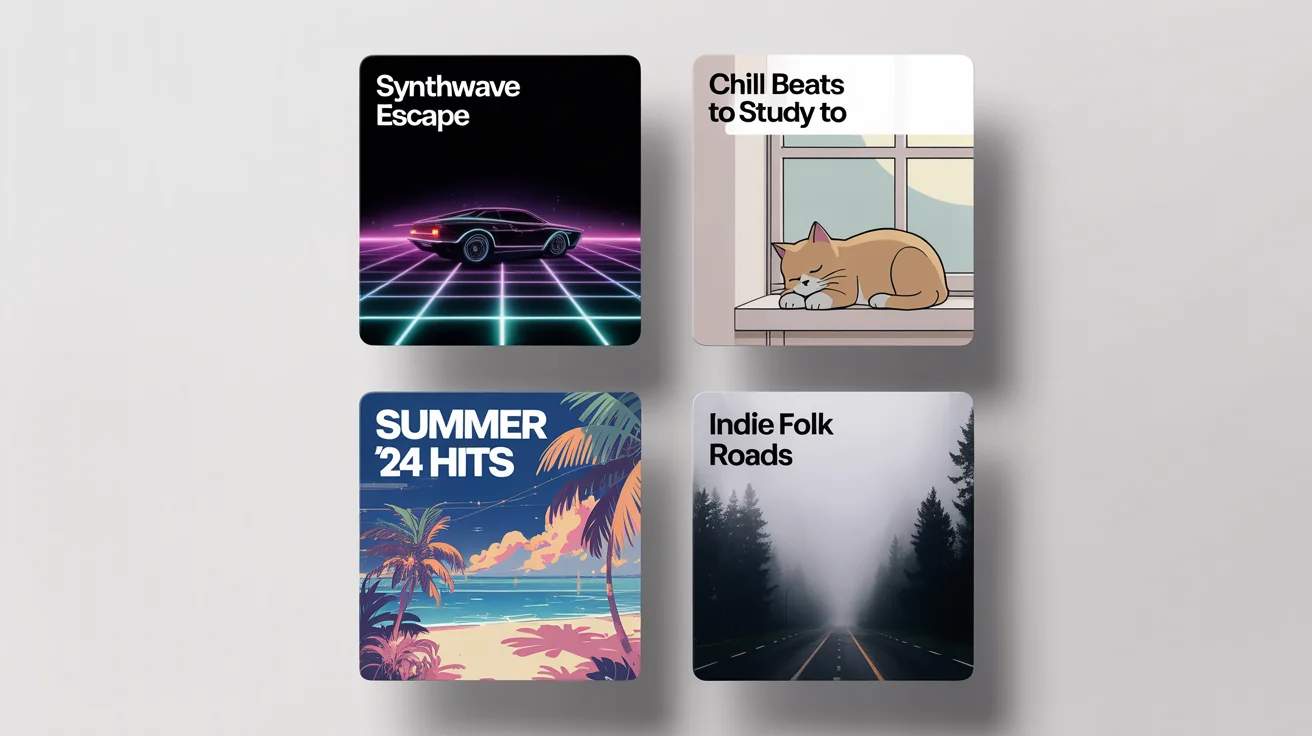 A collection of four custom-designed playlist cover art mockups on a white background, each representing a different music genre: synthwave, lo-fi, pop hits, and indie folk.