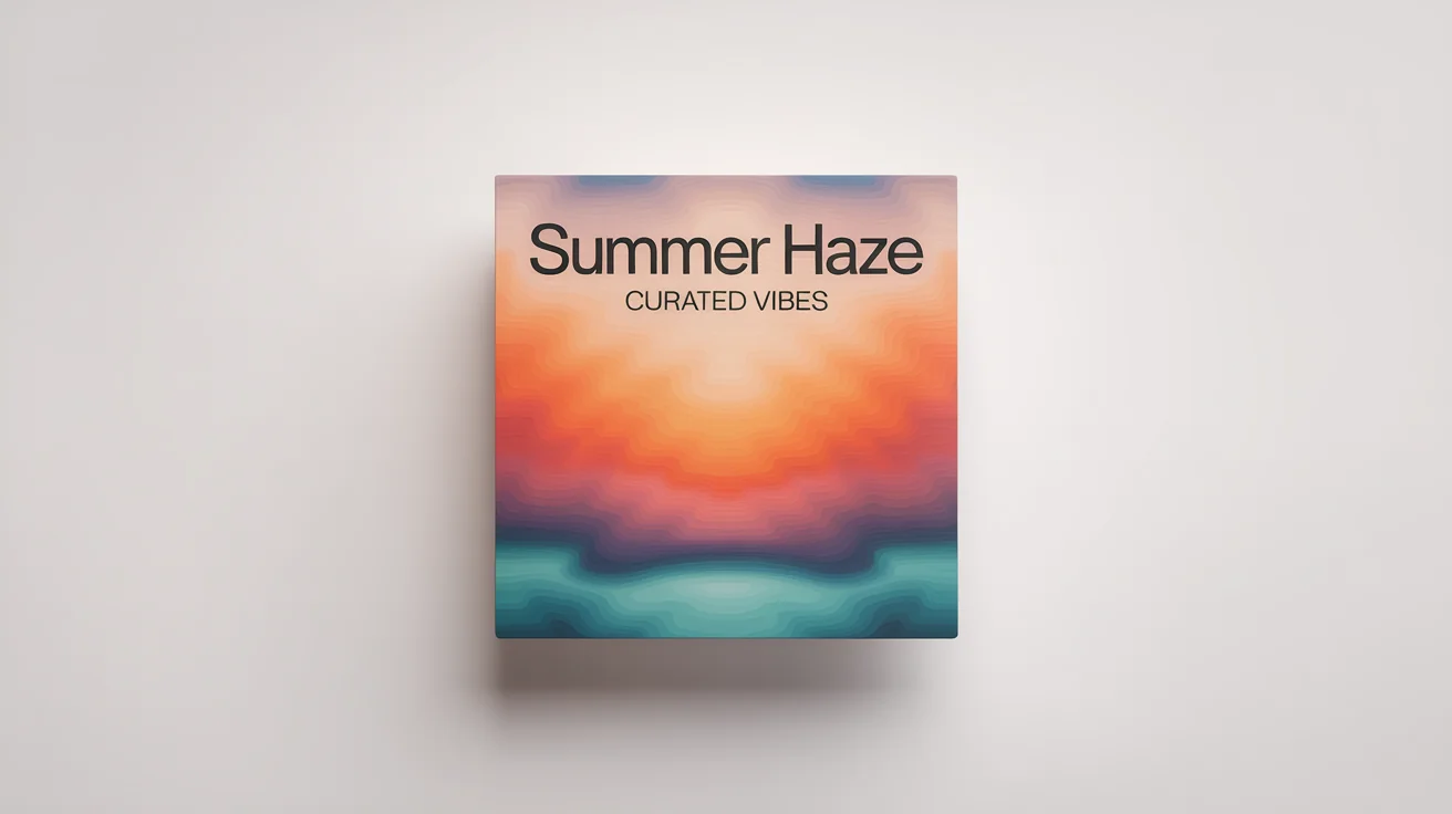 A mockup of a custom music playlist cover titled 'Summer Haze', featuring a minimalist abstract design of a sunset over the ocean in vibrant colors, presented against a clean white background.
