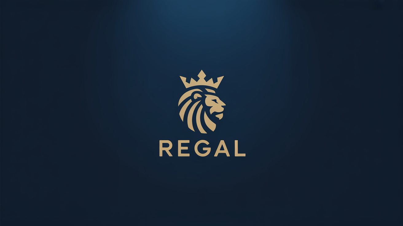 A modern, gold-colored logo featuring a stylized combination of a lion's head and a crown for the brand 'REGAL', presented as a professional hero image on a dark blue background.