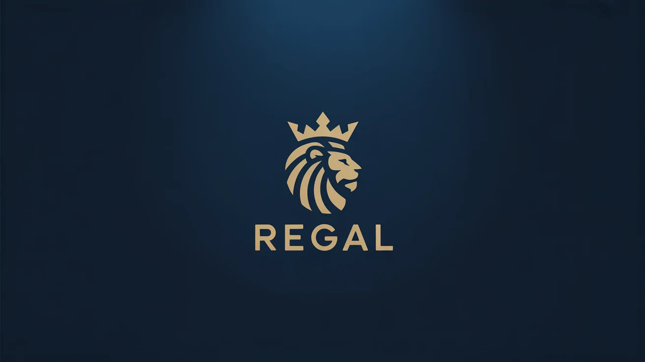 A modern, gold-colored logo featuring a stylized combination of a lion's head and a crown for the brand 'REGAL', presented as a professional hero image on a dark blue background.